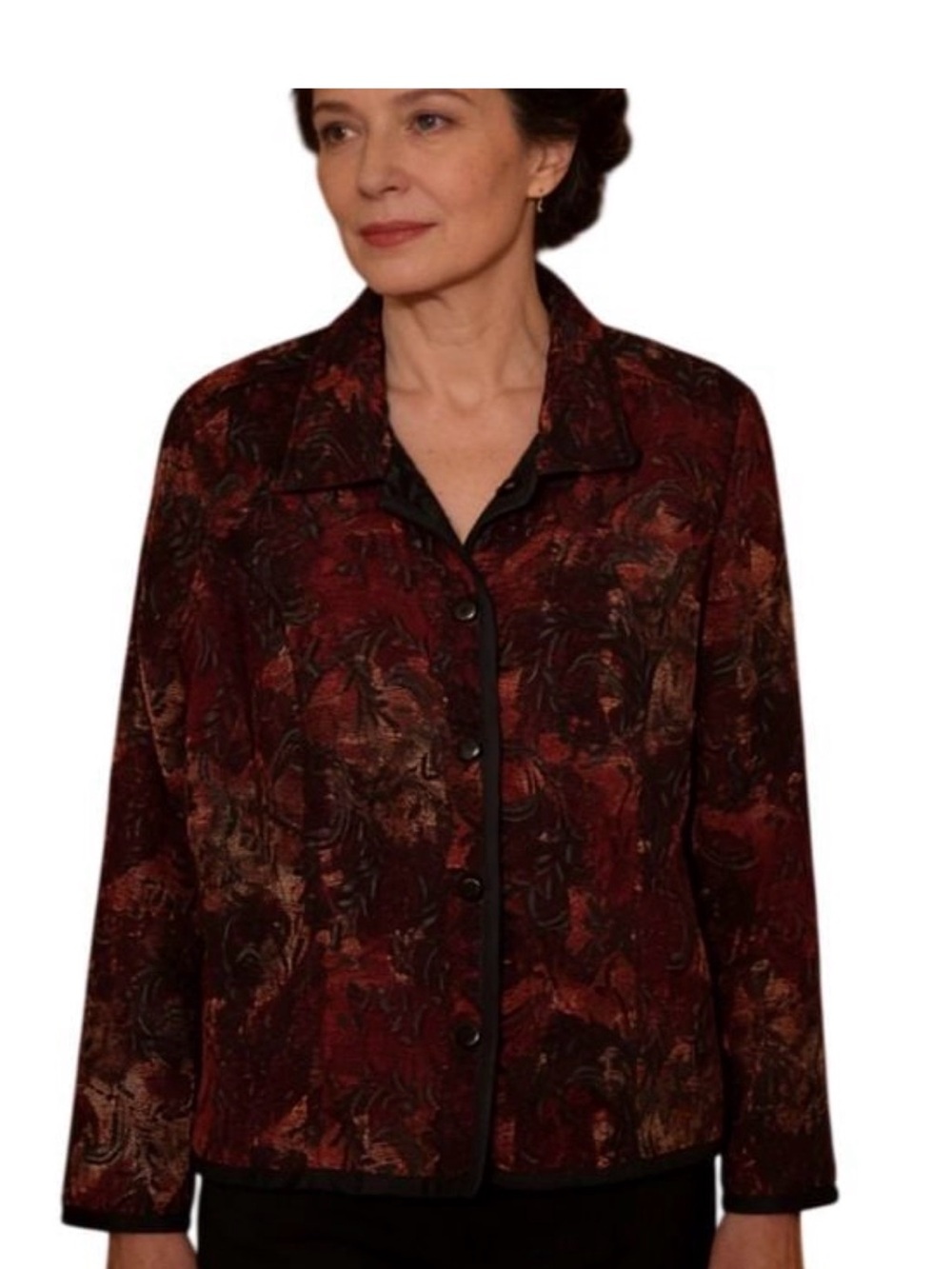 REVERSIBLE Christopher & Banks Maroon Tapestry & Black Quilted Satin Jacket EUC